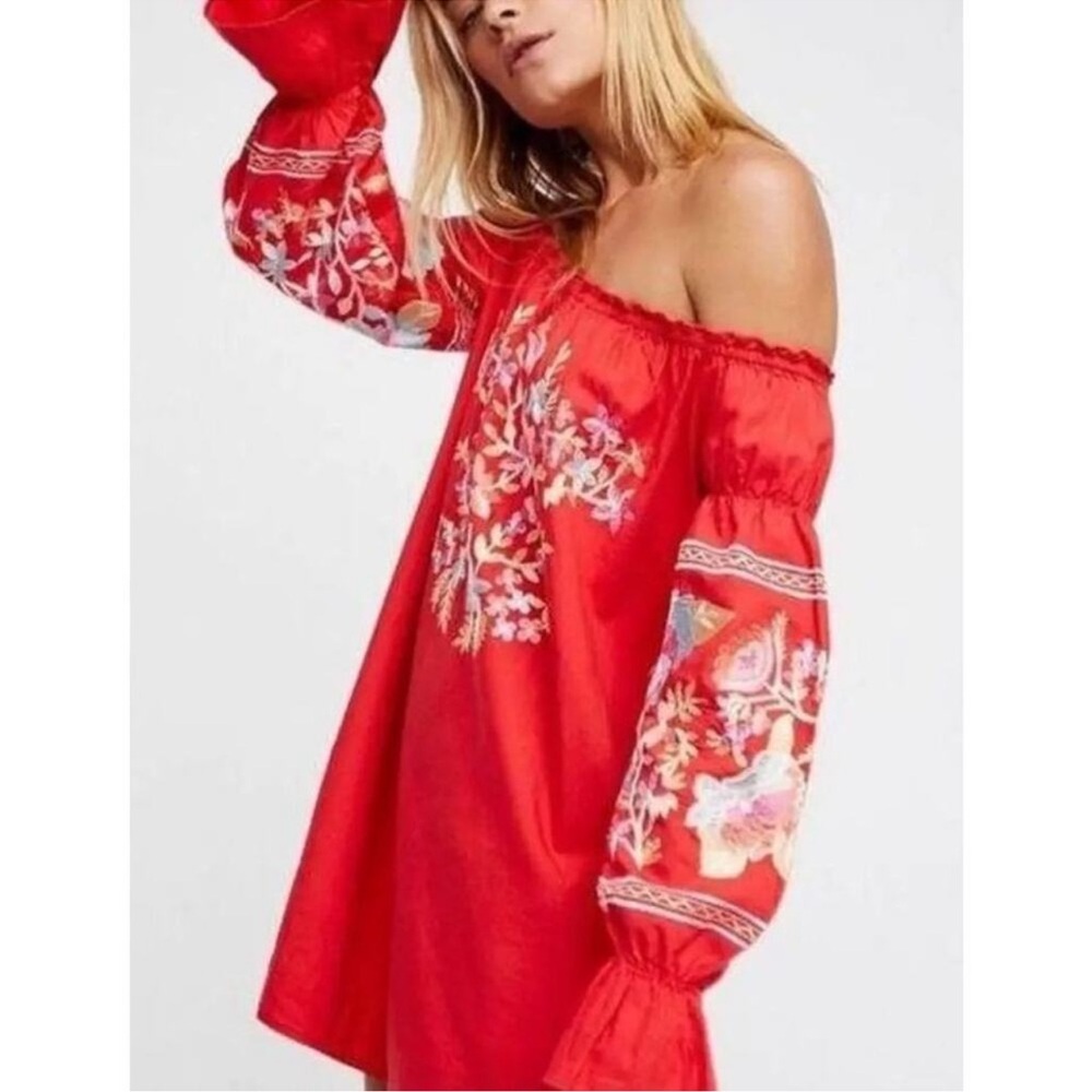 Free People Red Embroidered Off-Shoulder Mini Dress